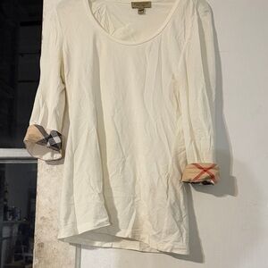 Burberry Cream Long Sleeve Top with Plaid Accents